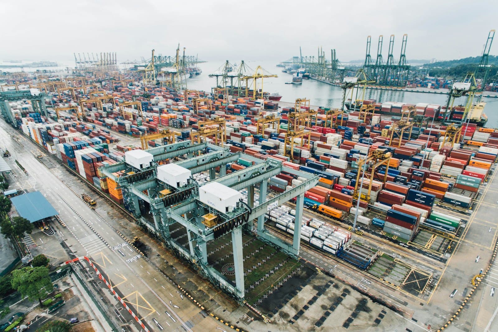 Aerial view of a global container port at scale